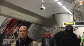 Football Hooligans prevent Green man boarding London metro train 2020  3