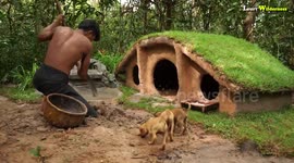 Craftsman builds dog house and fish pond using mud and bamboo sticks
