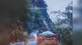 Man flees as mountainside collapses onto road in central China