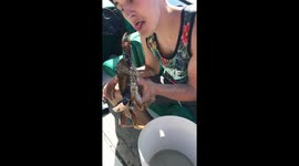 Guy sticks tongue in live crab pinchers