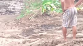 Terrified residents look on as landslide washes boulders and trees through village in Philippines