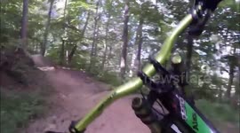 A super speedy dog loves nothing more than to run along with her mountain biking owner