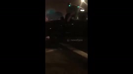Illegal street takover in orange county truck attempting to do a donut flips over kills passengers hanging on side of vehicle