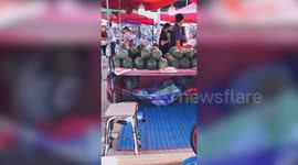 Baby swings in hammock under parents' market stall
