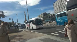 Coach drivers sounds horns as they drive trough Madrid calling for government aid