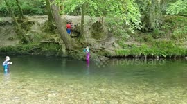 after lockdown kids wild swimming in a dartmoor River in devon