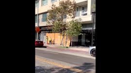 Shops in Downtown Los Angeles boarded up in preparation for violence over election
