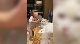 Pet cat unimpressed with little girl using string telephone on his ear