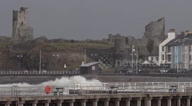 Storm Jorge batters the coast of Aberystwyth in West Wales.