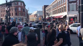 Residents of Harvard Square, Cambridge celebrate victory of Joe Biden
