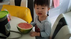 Greedy toddler hilariously eating watermelon in kitchen