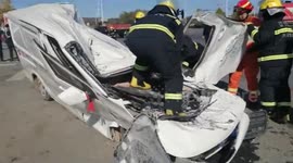 Chinese motorist miraculously survives after cement tanker flattens minibus