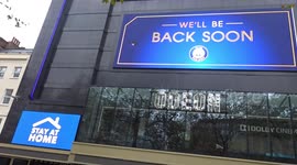 Odeon Leicester Square goes blue with appeals to Save Our NHS - Stay at Home - Save Lives on the second coronavirus lockdown - London