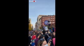 Girl Dancing On The Top Of Traffic Light In Election Celebration Rally At Boston, USA