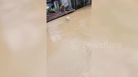 Flood-hit resident uses rod to catch parcel floating past house in the Philippines