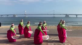 Traditional South Korean Fan Dance at Gwangalli Beach In Busan