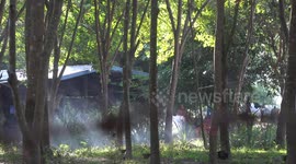 Spooky early morning smoke from a household in the forest, looks like a ghost in the smoke.