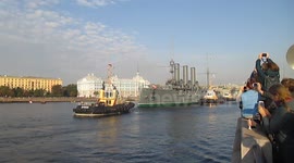 Cruiser Avrora leaving its permanent quay berth.