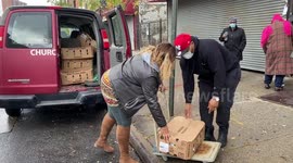 Civil rights Leader Rev. Kevin McCall, NYPD Commissioner Dermot Shea, Terrence Floyd and Gwen Carr host the annual free Turkey giveaway in Brownsville