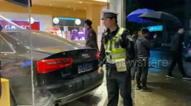 Car smashes into bakery after having collision with another vehicle in eastern China
