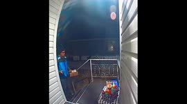 Evening delivery guy seems almost startled by gifts. Lol. Leaves us with a friendly thumbs up!