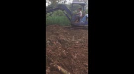 The 8-year-old boy controls a professional excavator to help his father work on the construction site