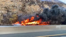 Trailer catches fire on highway 5 in Grapevine, California