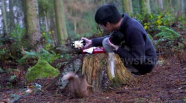 Meet the real life Alice in Wonderland - showing a giant human snapping a selfie with a squirrel and a tiny bed