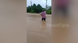 Thai Man Carries Belobed Pet Dog Through Floods