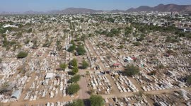 tombs and headstones. Aerial view of the Yañez cemetery prior to the celebration of Dia de los Muertos on October 27 in Hermosillo Sonora, Mexico