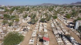 tombs and headstones. Aerial view of the Yañez cemetery prior to the celebration of Dia de los Muertos on October 27 in Hermosillo Sonora, Mexico