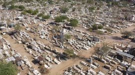 tombs and headstones. Aerial view of the Yañez cemetery prior to the celebration of Dia de los Muertos on  in Hermosillo Sonora, Mexico