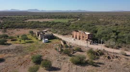 Aerial view of old ruined hacienda and mill in Codorachi, Sonora, Mexico