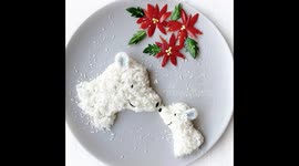 Food artist creates wintry Christmas scene from rice and vegetables