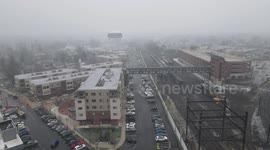 Drone video of a snow squall over the center of Lansdale, Pennsylvania during the Christmas season