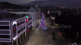Lights and Christmas tree in Plaza Zaragoza between the Hermosillo City Hall and the Sonora Government Palace on December 9, 2020 in Hermosillo Sonora, Mexico