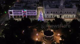 Lights and Christmas tree in Plaza Zaragoza between the Hermosillo City Hall and the Sonora Government Palace on December 9, 2020 in Hermosillo Sonora, Mexico