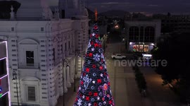 Cathedral,lights and Christmas tree in Plaza Zaragoza between the City Hall of Hermosillo and the Government Palace of Sonora on December 9, 2020 in Hermosillo Sonora, Mexico