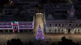 Cathedral,lights and Christmas tree in Plaza Zaragoza between the City Hall of Hermosillo and the Government Palace of Sonora on December 9, 2020 in Hermosillo Sonora, Mexico