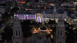 Cathedral, lights and Christmas tree in Plaza Zaragoza between the City Hall of Hermosillo and the Government Palace of Sonora on December 9, 2020 in Hermosillo Sonora, Mexico