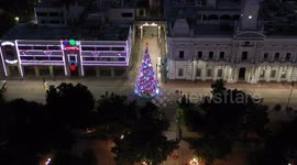 Cathedral, lights and Christmas tree in Plaza Zaragoza between the City Hall of Hermosillo and the Government Palace of Sonora on December 9, 2020 in Hermosillo Sonora, Mexico