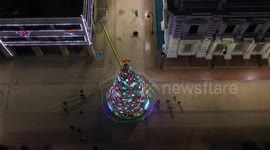 Cathedral, lights and Christmas tree in Plaza Zaragoza between the City Hall of Hermosillo and the Government Palace of Sonora on December 9, 2020 in Hermosillo Sonora, Mexico