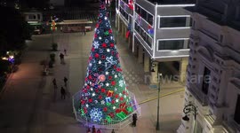 Cathedral, lights and Christmas tree in Plaza Zaragoza between the City Hall of Hermosillo and the Government Palace of Sonora on December 9, 2020 in Hermosillo Sonora, Mexico