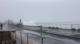 California King Tide: High Tide Waves Crashing Over Seawall & On Pedestrians in Pacifica, California