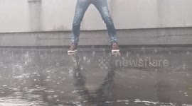 running away from rain and hitting the door