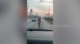 Pet husky rides pillion on motorcycle while helping to clear the way for ambulance