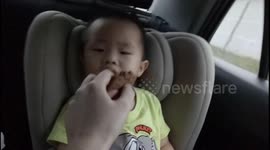 Funny toddler keeps falling asleep while eating food in car
