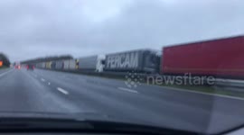 Long lines of trucks on M20 motorway in Kent, UK as France shuts border over COVID fears