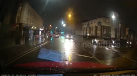 Mercedes pulls out from behind the line of traffic almost causing a head-on collision with a car on the main road