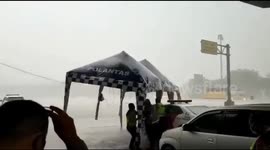 Police gazebos blown away by strong winds in Java, Indonesia